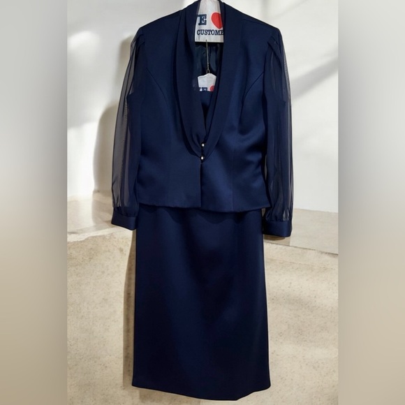 Patra vintage Elegant Navy Blue Skirt Suit with Sheer Sleeves size 12 - Picture 1 of 8